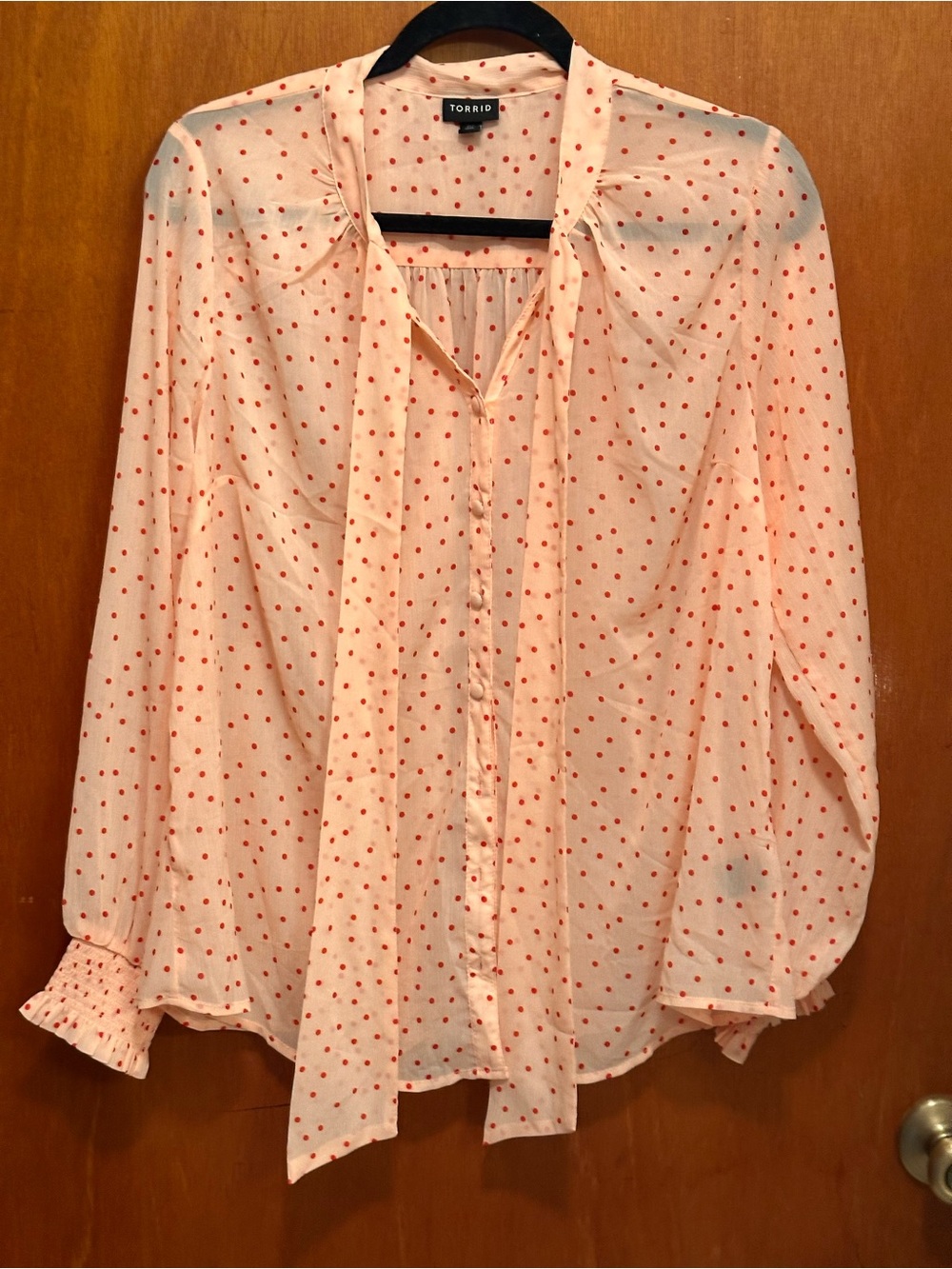 Torrid Peach Button-Up Blouse with Red Polka Dots